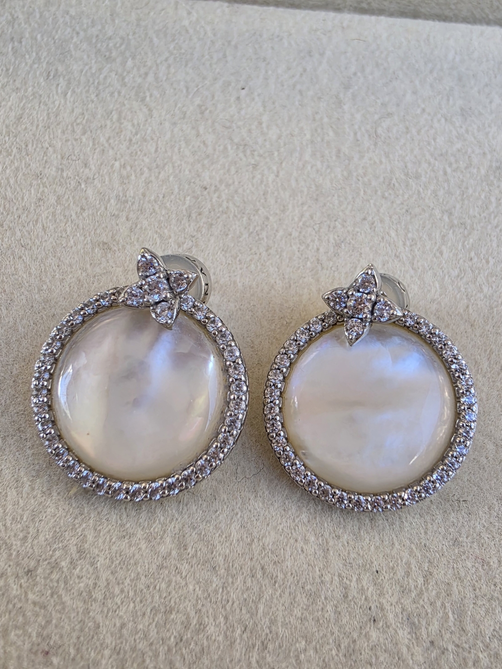 APM Monaco: 925 Sterling Silver Mother-of-Pearl Halo Drop Earrings • 5.87g